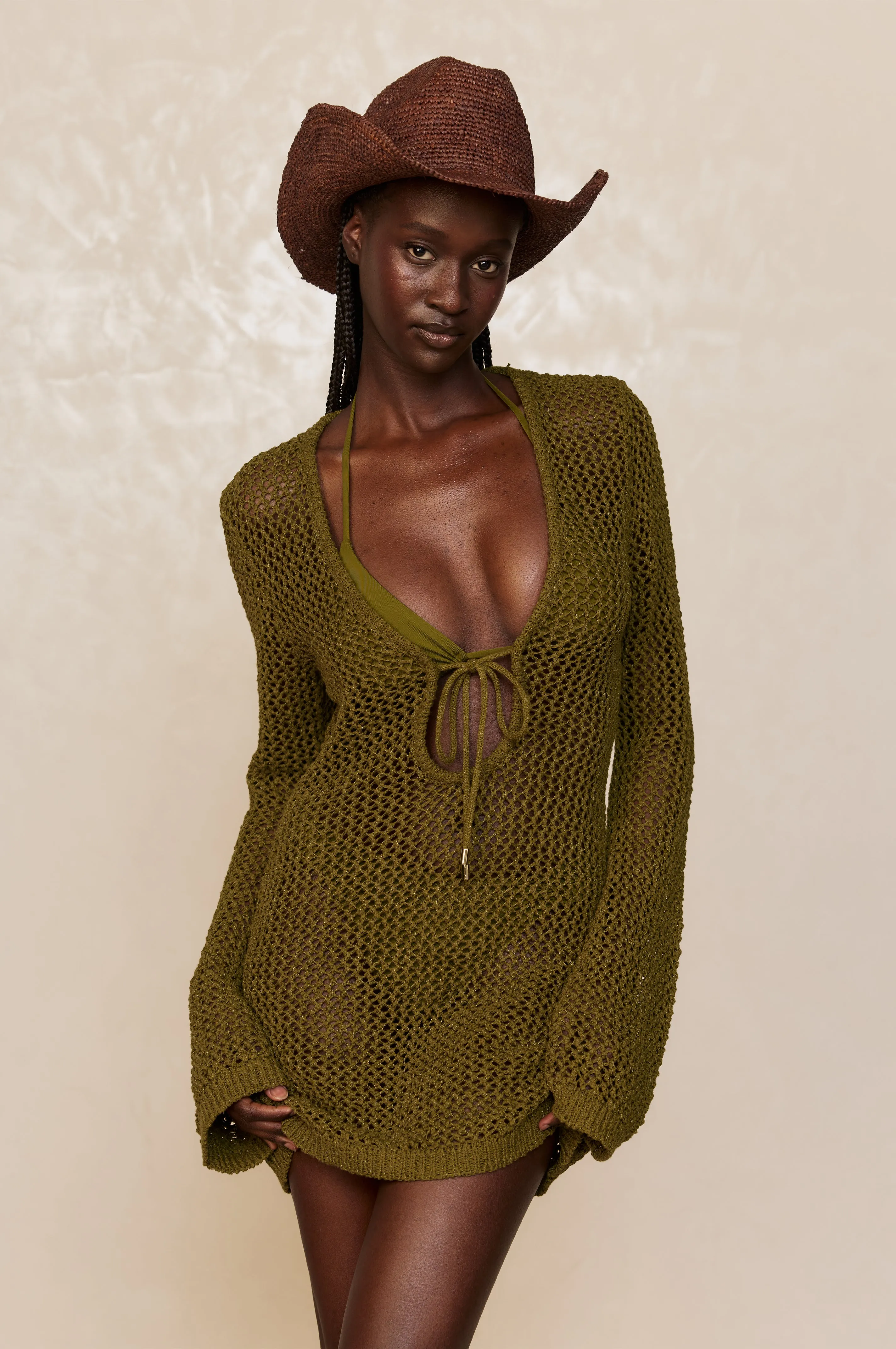 Montego Mini Tie Dress - Olive Petit Crochet