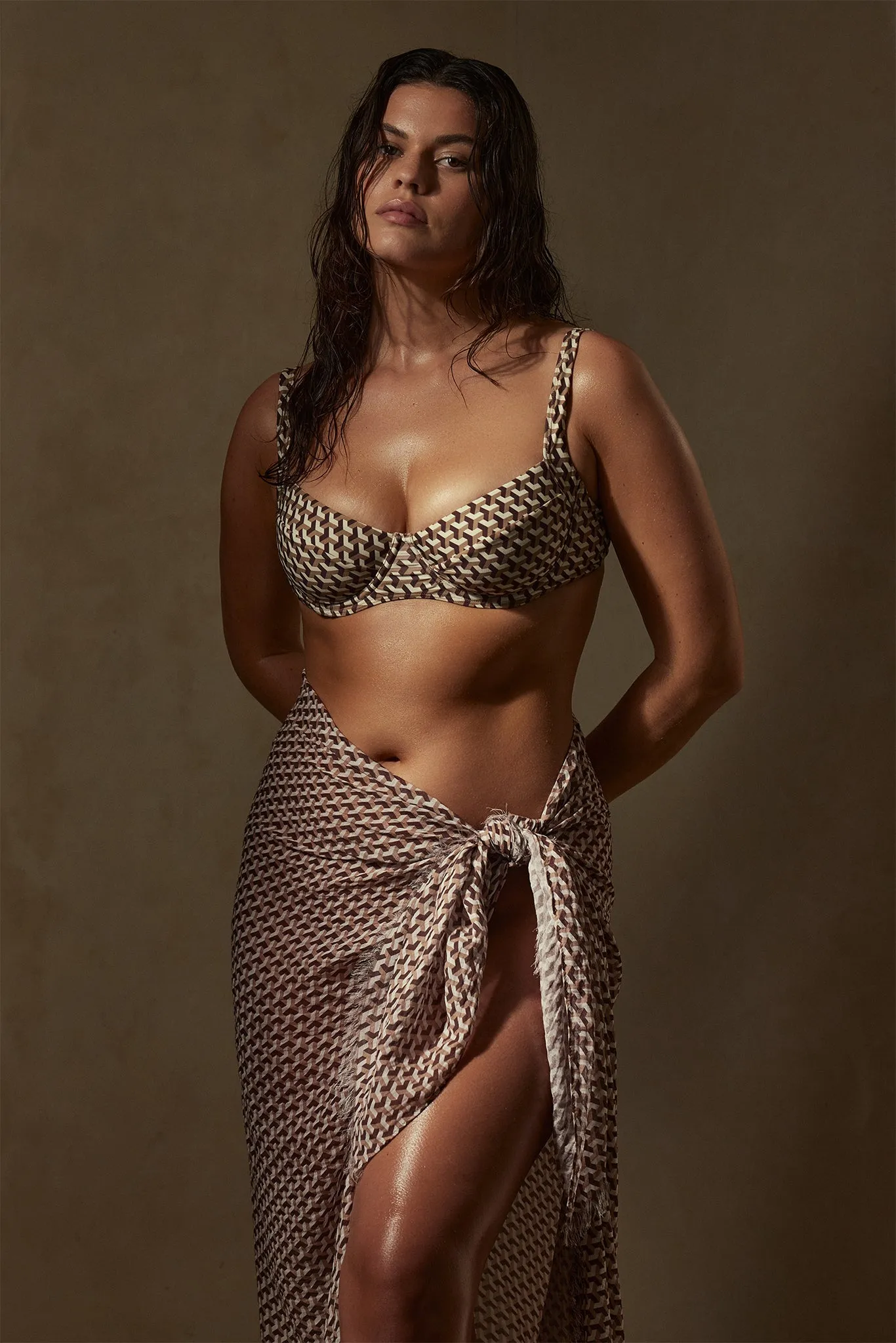 St. Tropez Sarong - Husk Geo Crinkle Linen